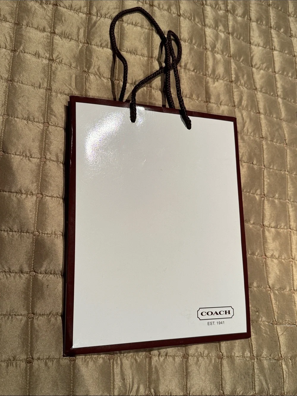 Coach White and Burgundy Gift Bag with Rope Handles